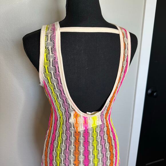 NWT Miken Swim Crochet Cover Up Dress Cream Neon Stripe – Size S - Picture 4 of 6